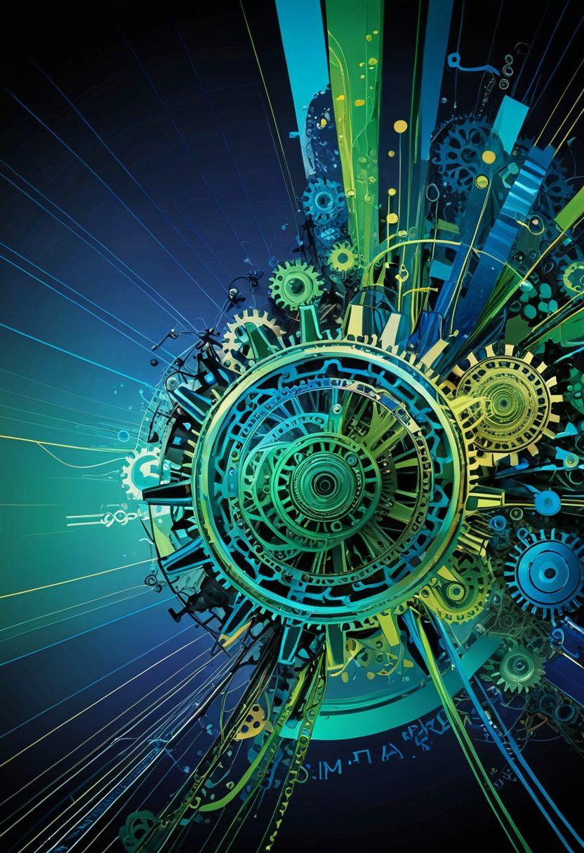 An imaginative collage representing the concept of pushing boundaries in technology and excellence, featuring abstract representations of XSLT code transforming into vibrant data flows, with a dynamic skyline representing innovation. Surrounding elements of gears and circuit patterns to symbolize strategy and intelligence. The background should be a blend of blues and greens to convey clarity and ambition. super-realistic. vibrant colors. abstract style.