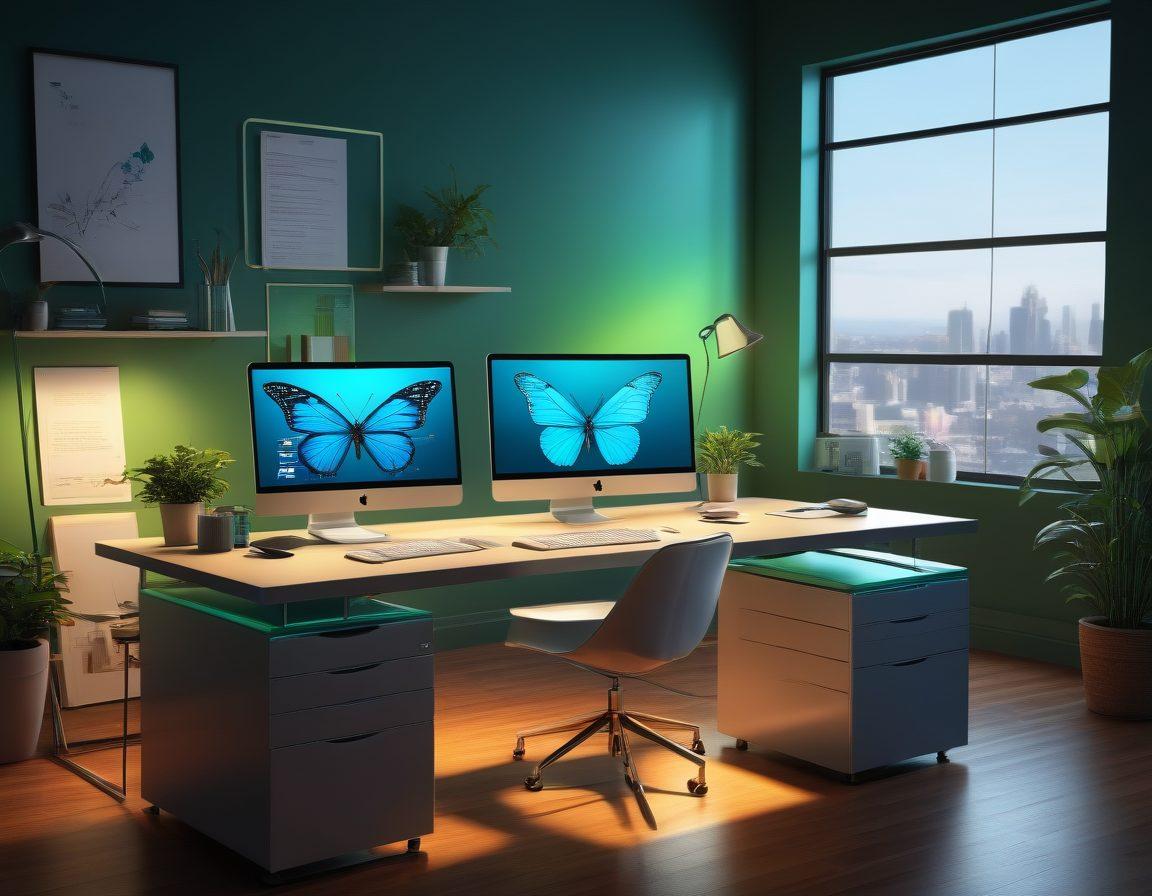 A vibrant and intricate digital workspace filled with code snippets, XSL templates, and colorful stylesheets, with a glowing transformation effect showcasing the evolution from ordinary to extraordinary. Include a metaphorical representation of creativity breaking free, like a butterfly emerging from a cocoon made of code. The background should be a gradient of blues and greens, symbolizing innovation and growth. super-realistic. vibrant colors. modern design.